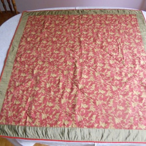 Cotton and silk square tablecloth, khaki green on rusty red print table topper, 34&quot; x 34&quot; tablecloth, ready to ship