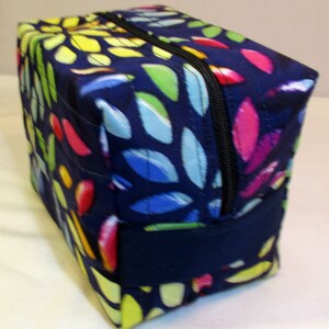 Multicolored boxy bag, navy cotton with colorful printed leaves,  quilted large makeup bag, zippered boxy bag, cosmetic bag, ready to ship