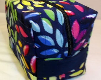 Multicolored boxy bag, navy cotton with colorful printed leaves,  quilted large makeup bag, zippered boxy bag, cosmetic bag, ready to ship