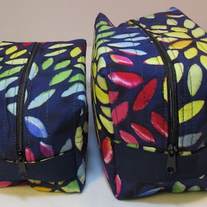 Multicolored boxy bag, navy cotton with colorful printed leaves,  quilted medium makeup bag, zippered boxy bag, cosmetic bag, ready to ship