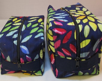 Multicolored boxy bag, navy cotton with colorful printed leaves,  quilted medium makeup bag, zippered boxy bag, cosmetic bag, ready to ship