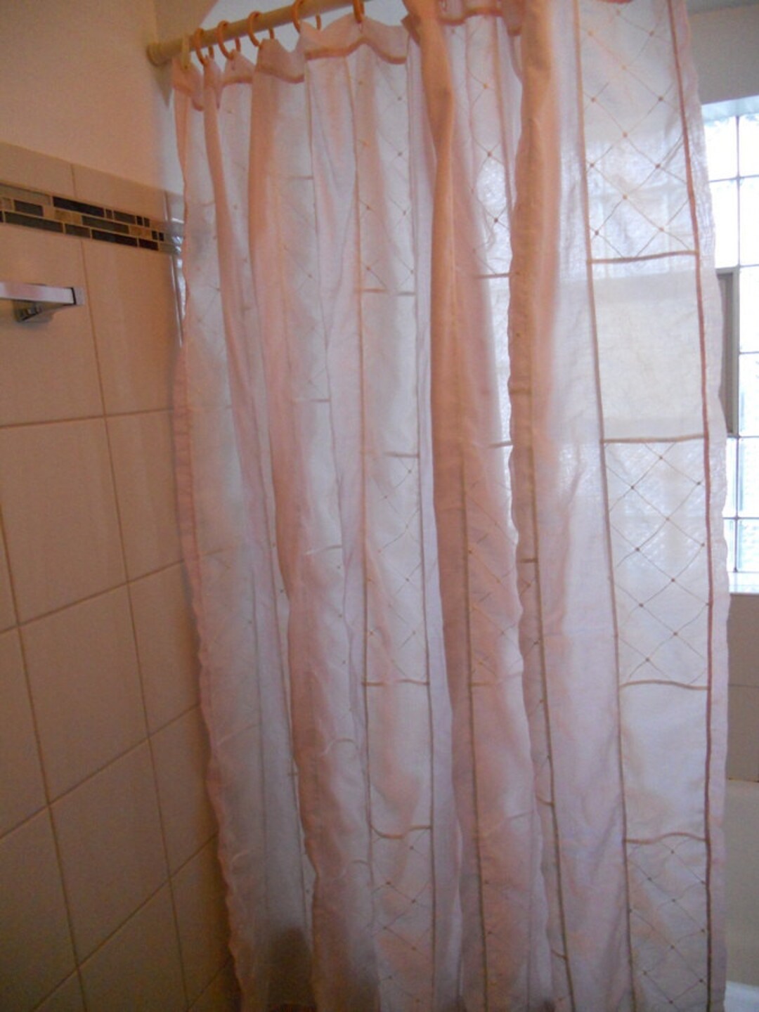 Cortina de ducha transparente de color rosa pálido, mosaico hecho a mano  con restos y restos de visillos, cortina de baño de 78 x 71. listo para  enviar -  España