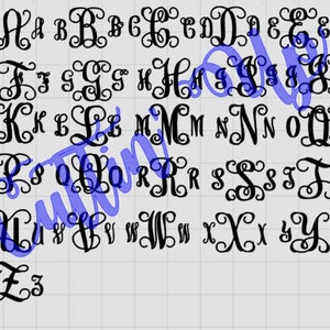 May include: A sheet of black and white alphabet letters in a decorative script font. The letters are arranged in rows and columns. The letters are all uppercase.