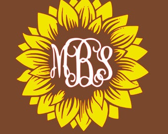 Könnte beinhalten: Ein weißes Monogramm der Buchstaben "MBS" in einer dekorativen Schreibschrift ist zentriert in einer gelben Sonnenblume vor braunem Hintergrund.