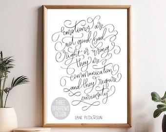 Hand Lettered Observing Emotions with Curiosity Quote | Emotions are not good or bad Poster| CBT Emotions Quote| Illustrated Mental Health