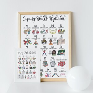 May include: A printable poster with a colorful alphabet chart featuring coping skills for children. Each letter of the alphabet is paired with a coping skill, such as art and drawing, deep breathing, counting backwards, and more. The poster is framed in a light wood frame.