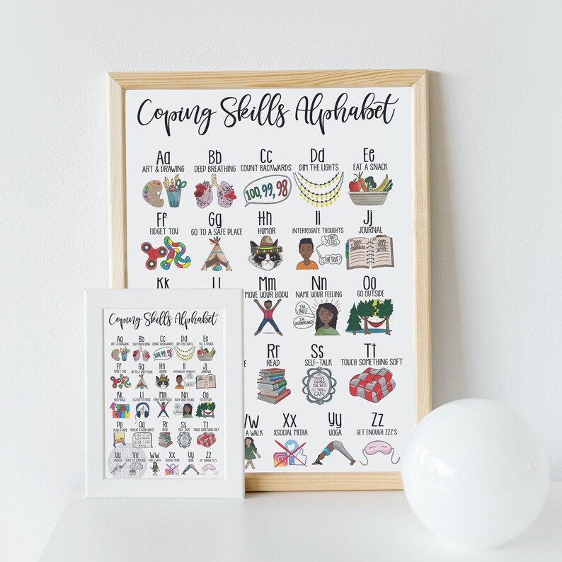 May include: A printable poster with a colorful alphabet chart featuring coping skills for children. Each letter of the alphabet is paired with a coping skill, such as art and drawing, deep breathing, counting backwards, and more. The poster is framed in a light wood frame.