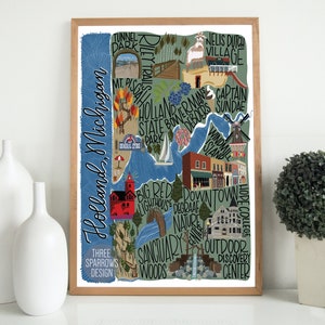 Holland Michigan Illustrated Map| Hand Illustrated City Map| Holland Michigan Art Print| Holland MI Wall Art| Holland, MI Poster| Landmarks