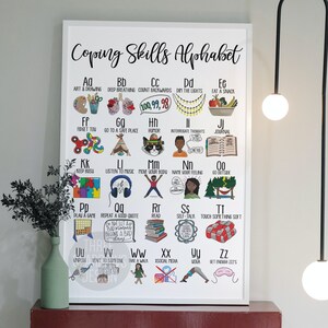 May include: A white poster with the title "Coping Skills Alphabet" and illustrations of coping skills for each letter of the alphabet.  The illustrations include things like art, deep breathing, humor, journaling, and yoga.
