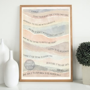 May include: A watercolor print with a beige background and a layered design of peach, pink, and blue watercolor waves. The print features text in black that reads: "Exhale, Scan your body for strong emotions, Approach the feeling with curiosity, And ask it gently: Which part are you? What are you trying to protect me from? Listen to its response. Thank it for trying to defend you. Reassure it you are safe. And resilient. And ask it to step back to its proper role." The print also includes the text "Three Sparrows Design".