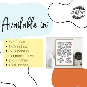 May include: A yellow and white sign with the text "Available in:" and a list of sizes for a print: 5x7 inches, 8x10 inches, 8x10 inches with a magnetic frame, 11x14 inches, and 12x18 inches. A framed print with the text "Say it with me" is shown in the background.