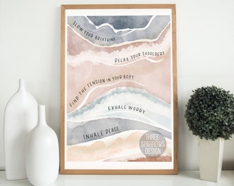 Slow Your Breathing Watercolor Quote | Exhale Worry, Inhale Peace |Therapy Tool Office Decor | Psychologist Office Resource | Peaceful Decor