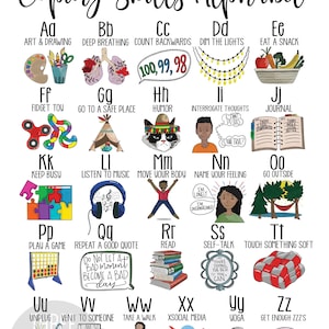 May include: A colorful alphabet chart with illustrations depicting coping skills for children. Each letter of the alphabet is paired with a skill, such as art and drawing, deep breathing, counting backwards, dim the lights, eat a snack, fidget toy, go to a safe place, humor, interrogate thoughts, journal, keep busy, listen to music, move your body, name your feeling, go outside, play a game, repeat a good quote, read, self-talk, touch something soft, unplug, vent to someone, take a walk, social media, yoga, and get enough zzz's.
