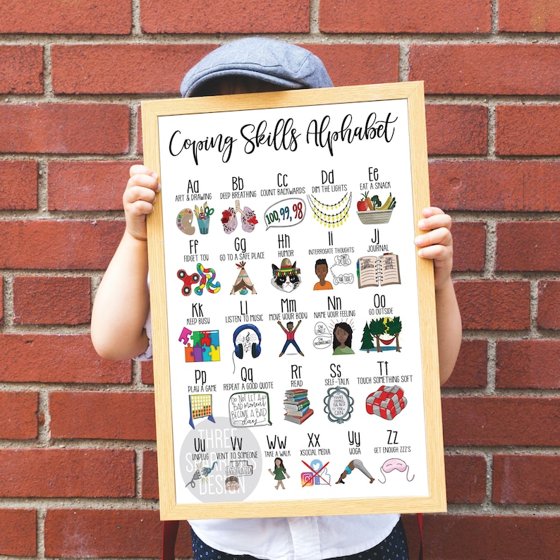 May include: A white poster with a brown wooden frame, titled "Coping Skills Alphabet". The poster features a colorful alphabet with illustrations and coping skills for each letter. For example, "Aa" is for "Art & Drawing", "Bb" is for "Deep Breathing", and "Cc" is for "Count Backwards".