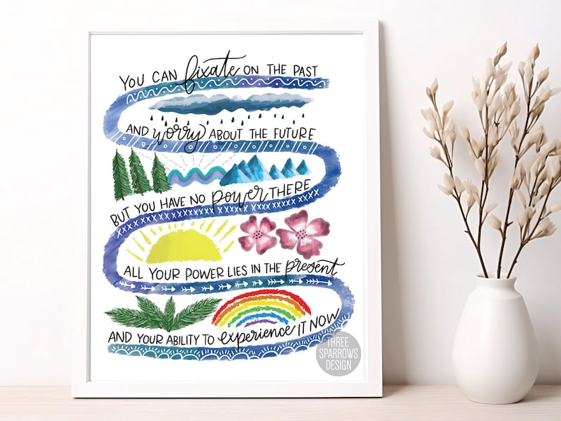K&ouml;nnte beinhalten: Eine Aquarell-Illustration mit blauem Hintergrund und wei&szlig;em Text. Der Text lautet: "Du kannst dich auf die Vergangenheit konzentrieren und dir Sorgen um die Zukunft machen, aber du hast dort keine Macht. All deine Macht liegt in der Gegenwart und deiner F&auml;higkeit, sie zu erleben." Die Illustration zeigt einen Regenbogen, Wolken, Berge, B&auml;ume und eine Sonne.
