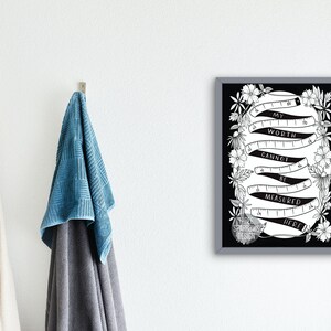 May include: Black and white printable art print with a quote about self-worth. The quote reads "My worth cannot be measured here." The quote is surrounded by a decorative border of flowers and a measuring tape.