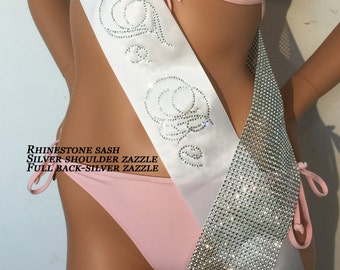 Bride To Be RHINESTONE sash with SILVER shoulder zazzle. Optional back zazzle avail. by SashANation