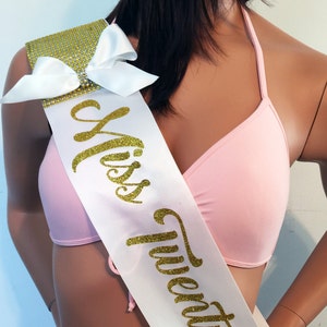Sparkling Birthday Sash, 16, 18, 21, 25, 30, 35, 40, 50, 60, 75,  with SHOULDER ZAZZLE & bow by SashANation