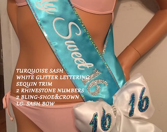 16 Birthday Sash, Sixteen and Sweet, Sweet 16 Sash, PERSONALIZED, TRIM & BLING available By Sashanation