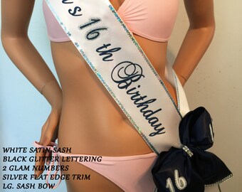 Sweet 16 Sash, Sweet Sixteen Birthday, Trim-Bling-Shoulder Zazzle and Bows Available PERSONALIZED By Sashanation