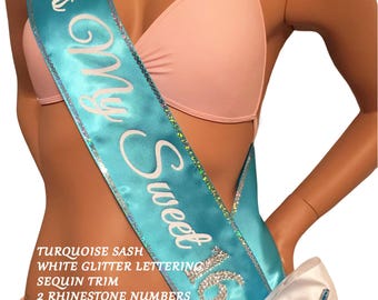 Sweet 16, Sweet Sixteen Birthday, Trim-Bling-Shoulder Zazzle and Bows Available PERSONALIZED by Sashanation