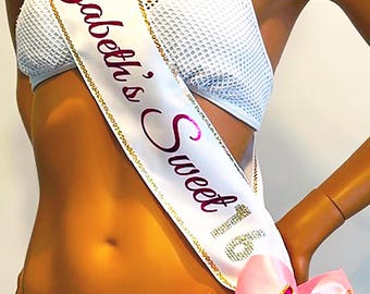 Sweet 16 Birthday Sash, Sixteen and Sweet, Sweet 16 Sash, PERSONALIZED, TRIM & BLING available By Sashanation