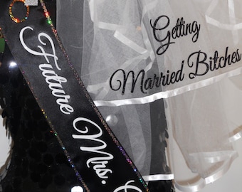 Bachelorette Set WITH TRIM, Bridal Shower Sash Set, Personalized Veil & Sash, Bridal Veil and Sash, By Sashanation