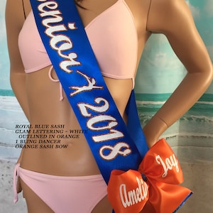 DANCER SASH, Cheerleader Sash, Senior Sash,  Varsity - DESIGN your own, optional Trim, Bling and Bows for sparkle By Sashanation