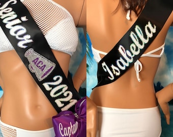 Senior Sash, Cheer Sash, Senior , , Dance Team, Color Guard. Add you school MASCOT or Logo. Bling and Bows avail. by SashANation