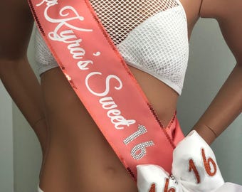 16th Birthday Sash, Sweet Sixteen Birthday, Trim-Bling-Shoulder Zazzle and Bows Available PERSONALIZED By Sashanation