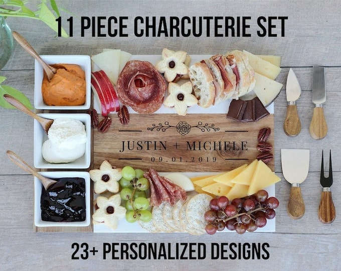 11 Piece Charcuterie Board Set/ Marble Charcuterie Serving Board/ Cheese Board Set/ Modern and Rustic Gift Set/ Wood Board and Knife Set