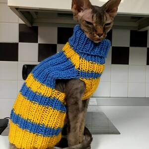 Hand knitted Cat Small Dog Sweater Jumper Jacket Blue.Yellow stripes. Pet animal sphynx devonrex yorkshire terrier Handmade Wool turtle-neck image 3