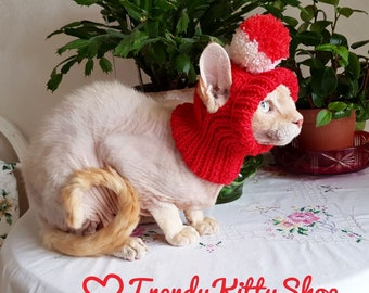 RED Hand knitted Cat Small Dog Pet Hat with Pom Pom - Animal Sphynx Cat, Devonrex Cornish Bambino Elf, Chihuahua. Handmade Wool