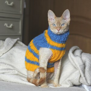 Hand knitted Cat Small Dog Sweater Jumper Jacket Blue.Yellow stripes. Pet animal sphynx devonrex yorkshire terrier Handmade Wool turtle-neck image 4