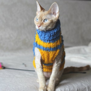 Hand knitted Cat Small Dog Sweater Jumper Jacket Blue.Yellow stripes. Pet animal sphynx devonrex yorkshire terrier Handmade Wool turtle-neck image 2