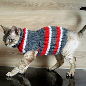 Hand knitted Cat Small Dog Sweater Jumper Jacket Grey Red White Stripes - pet animal sphynx devonrex chihuahua Handmade Wool turtle-neck