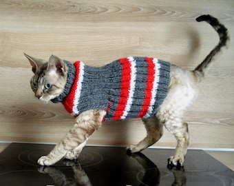 Hand Knitted Wool Cat Sweater: Striped Turtleneck Jumper