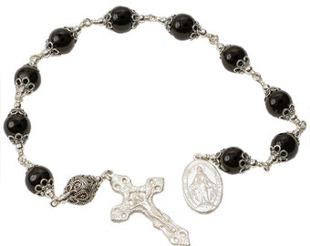 Sterling Silver Single Decade Rosary 12mm Onyx, 17" Prayer Beads