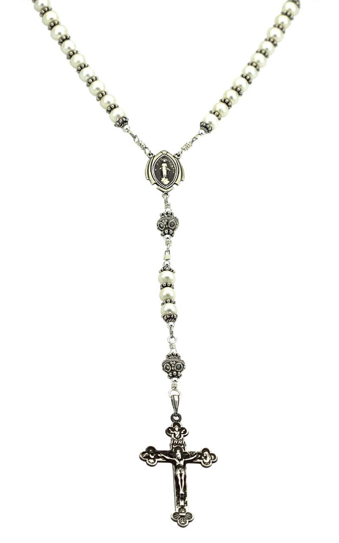 Sterling Silver Rosary Necklace Freshwater Cultured Pearl 6mm Crucifix