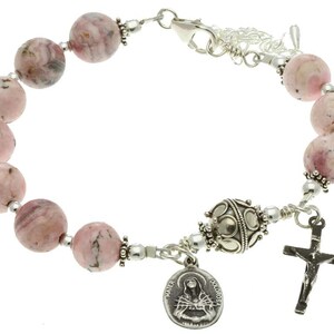 Sterling Silver Rosary Bracelet Rhodochrosite 10mm, 7 Sorrows / Traditional Rosary Bracelet