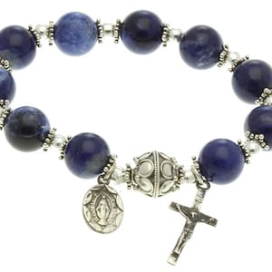 Sterling Silver Elastic Rosary Bracelet Blue Sodalite 12mm, Prayer Beads