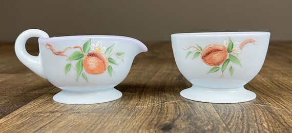 PAIRPOINT Handpainted Mouthblown Creamer & Sugar Blue with Peaches Decoration FACTORY SIGNED