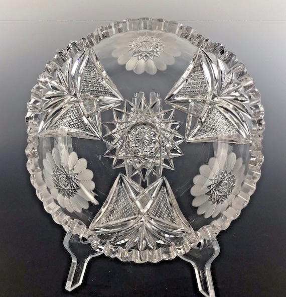 ABP American Brilliant Cut Glass Low Bowl Cut Flowers and Geometrics
