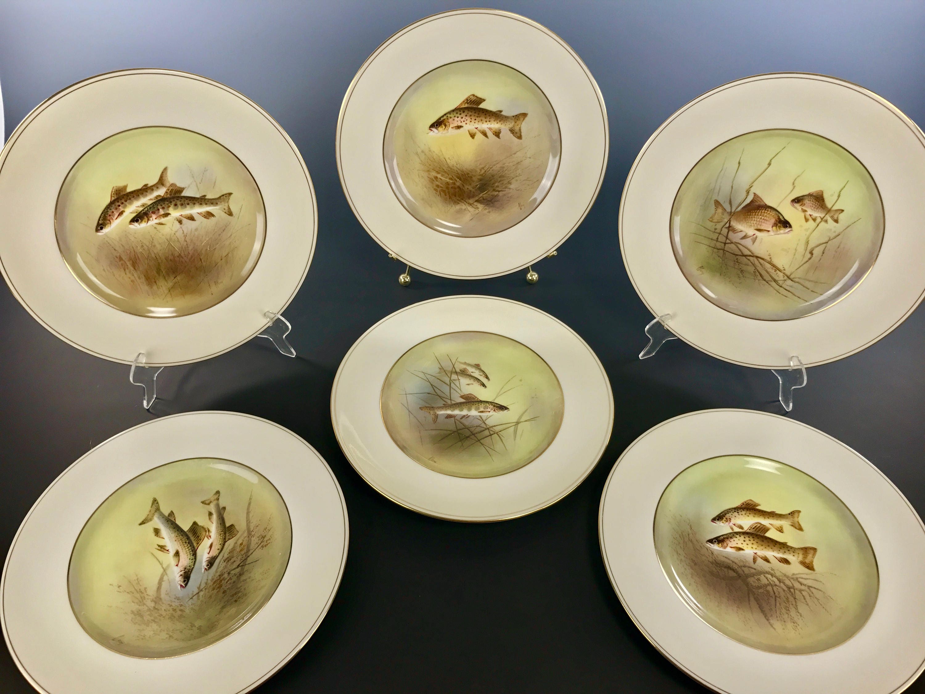 Antique ROYAL DOULTON Set of 6 Hand Painted Fish Plates Circa 192030s