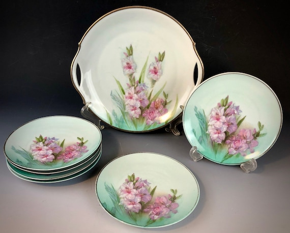 Moschendorf Bavaria Dessert Set Gladiolus Design 7 pieces 1895-1910