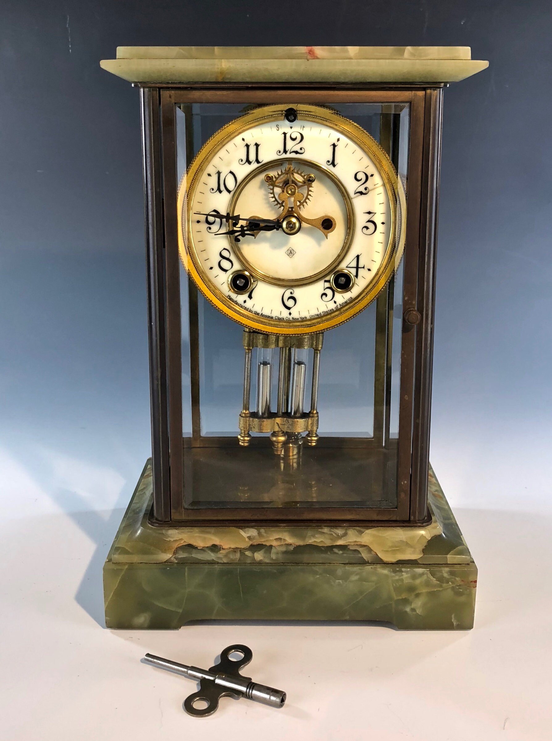 Antique ANSONIA GREEN ONYX Mantle Clock Original Pendulum and Key