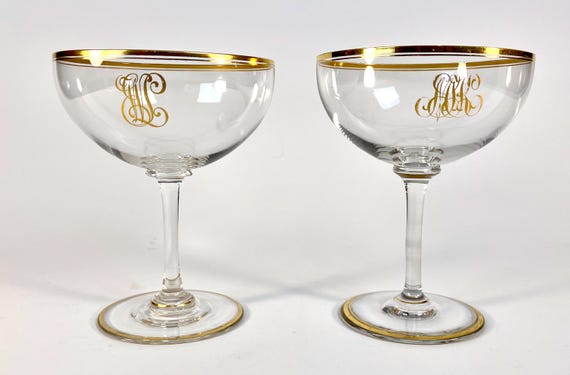 Antique Oversized Toasting Champagne Coupes Gilded w Cipher EWL & MSK