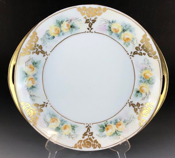Antique SILESIA Hand Painted CAKE PLATE Artist Signed Yellow Roses Gilding