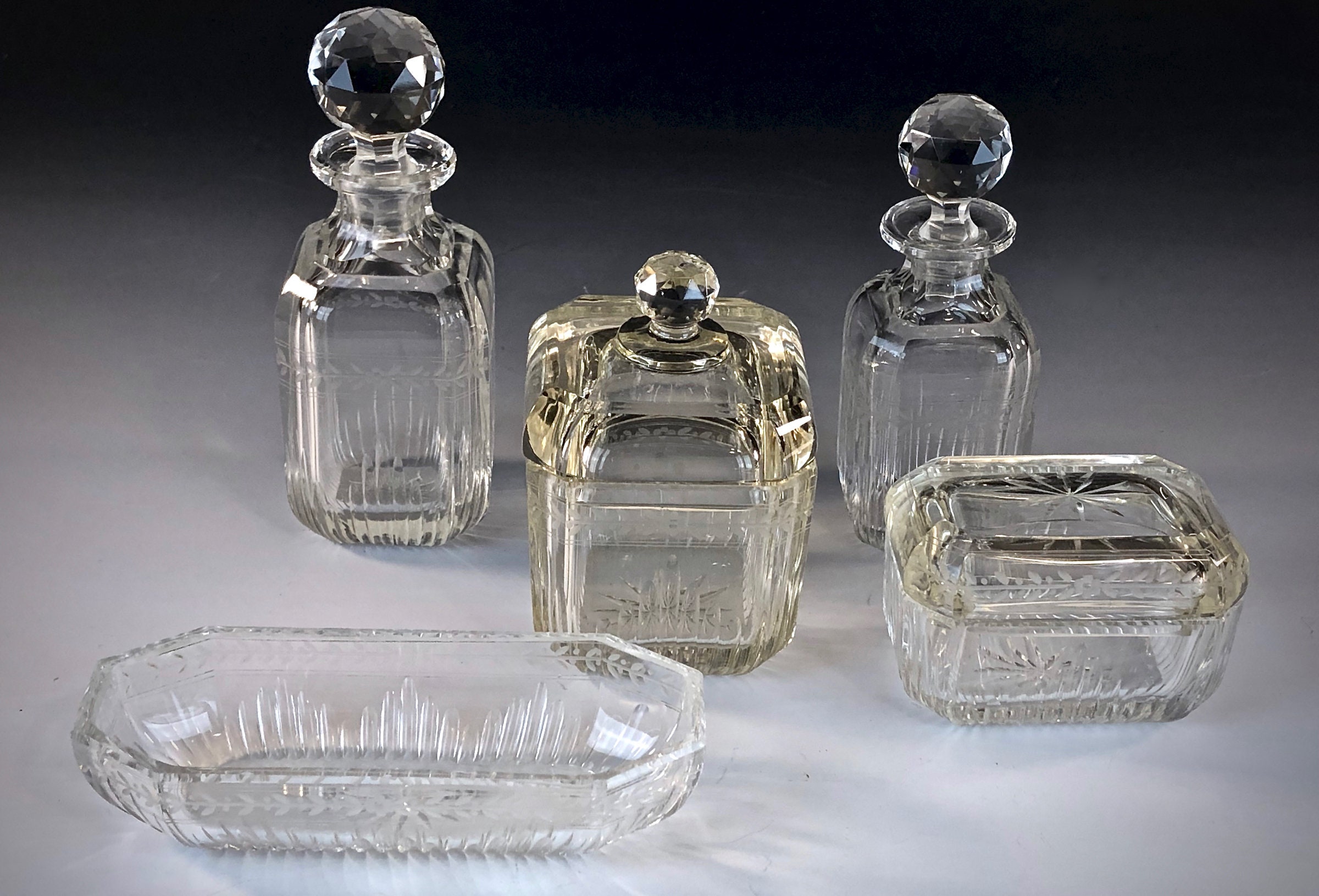 Vintage 1920s Engraved Crystal Matching Vanity Set 2 Perfumes