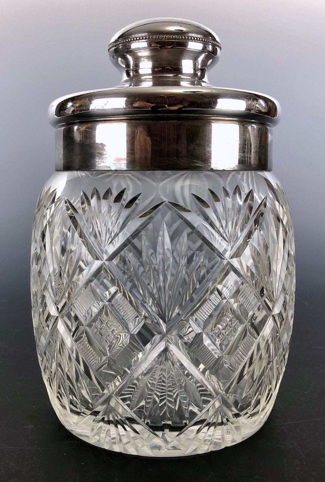 Antique CUT GLASS Humidor or Tobacco Covered Jar Silverplate Top